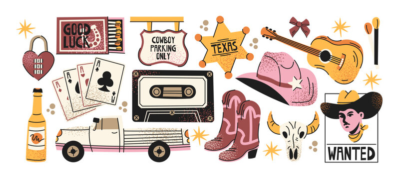 Western cowboy vintage stickers with cowboy boots, hat, rodeo, wild west accessories and country fashion, ranch culture, western aesthetics and rodeo celebration concepts
