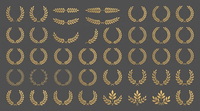 Golden laurel wreaths vector illustration collection set featuring olive branch borders, foliage circles, and award frames isolated on dark grey background for luxury design.