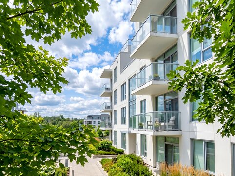 モダンなマンションと豊かな緑が美しい都市の住宅風景