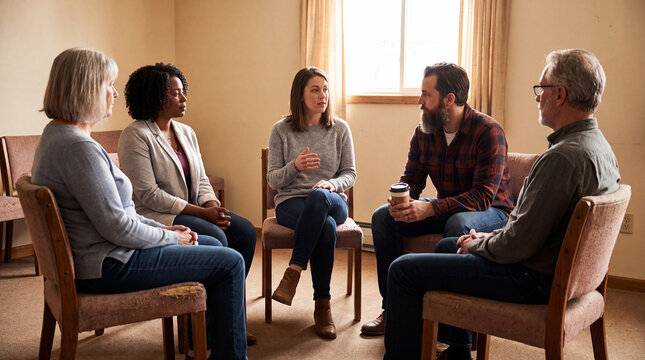 Diverse people sitting in a circle during a group therapy session