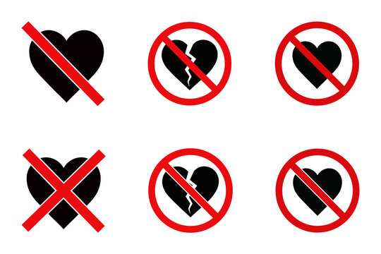 Set of vector no love heart icons. Red prohibition signs, broken heart, banned romance, stop, forbidden, rejected, breakup, warning, negative, avoid affection symbols