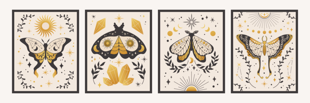 Celestial moth with magic symbols in bohemian tattoo vector style. Mystic butterfly and sun illustration with golden astrology elements, star icons and esoteric tarot decorative patterns.