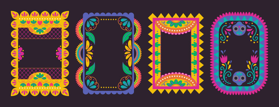 Frame with colorful mexican border patterns and hispanic vector design. Floral ornaments with paper flowers for fiesta posters. Decorative elements with folklore motifs for carnival invitations.