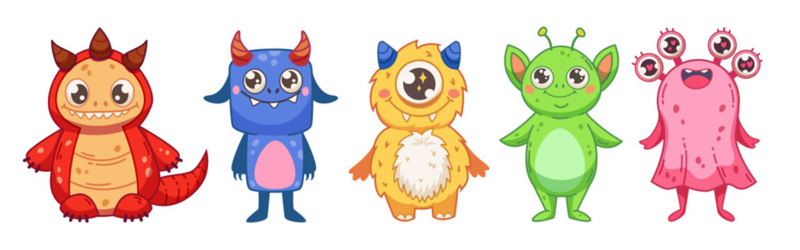 Friendly monster collection with adorable fuzzy mascots for kids. Cute vector characters with funny comic aliens, colorful goblins and tiny ghosts for game design and party artwork.