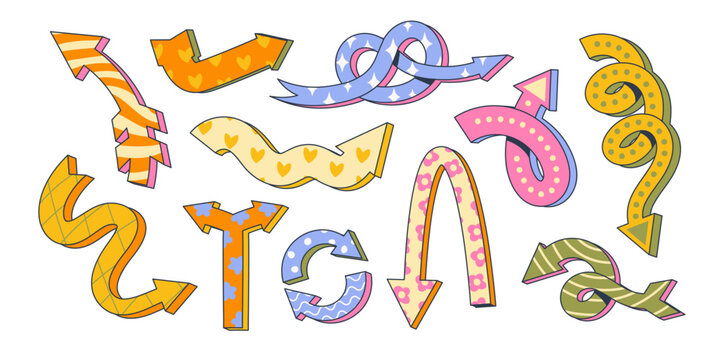 Funky brush arrows and pointers in comic retro style. Colorful set of direction marks with trendy calligraphy and iconic strokes. Dynamic y2k drawings with wave curves and playful doodle elements.