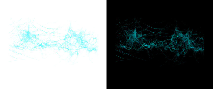 Cyan electric lightning discharge on black and white backgrounds, glowing plasma energy sparks, abstract blue power surge effect for design