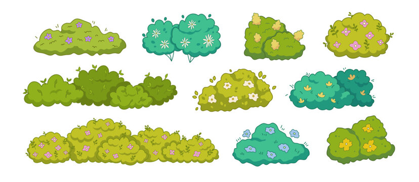 Cartoon bush with green grass and vector plant elements for forest illustrations. Flat park garden icons with shrubs and hedge fields. Nature leaf designs with meadow foliage and simple floral shapes.