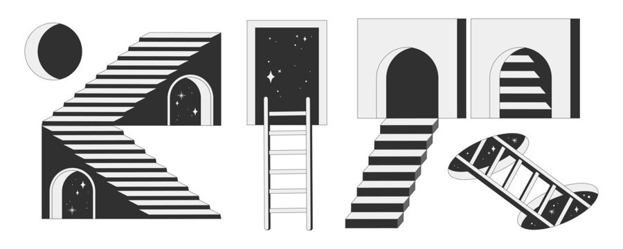 Ladder and surreal staircase design with geometric doors and retro portals. Abstract 3D illustration with impossible stairs, dream perspectives and vintage psychedelic elements for modern concepts.