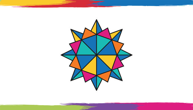 Colorful geometric abstract star shape made of triangles on white with paint brush borders on top and bottom.