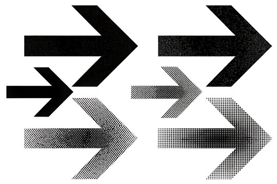 Collection of various black arrow shapes with halftone and textured patterns collection halftone direction navigation abstract indicator