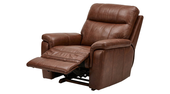 Comfortable brown leather recliner chair with footrest extended isolated on transparent background.