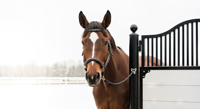 Brown horse looking over white stable gate.