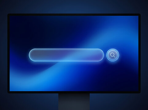 A glowing search bar and settings icon displayed on a modern computer monitor screen with blue background