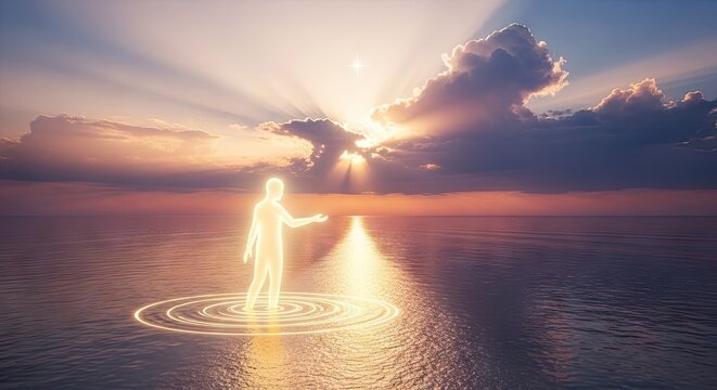 Ethereal glowing figure walking on water towards sunset.