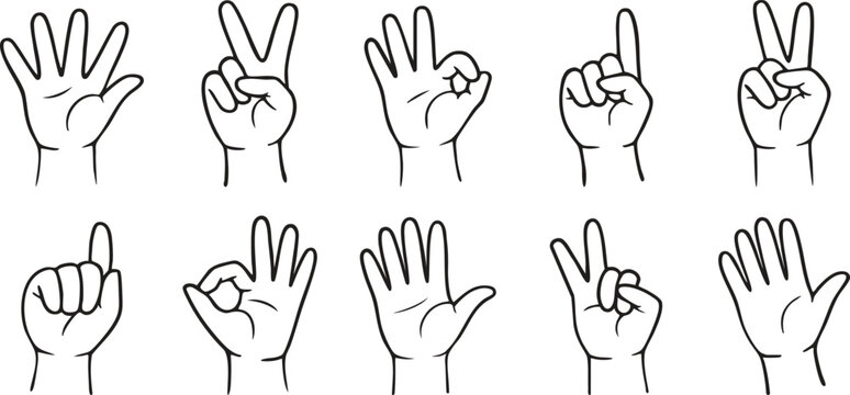 Hand gesture icons set for counting and sign language. Line art collection of peace sign, okay gesture, victory and pointing finger symbols. Open palm hands isolated on white vector illustration.