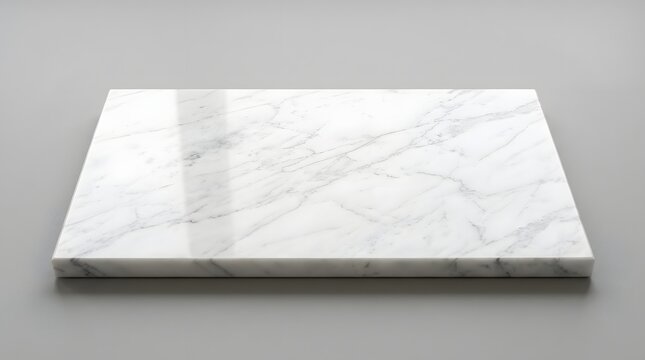 Polished white marble slab with natural grey veining sits on a neutral surface providing an elegant minimalist display base platform