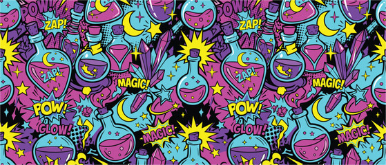 Naklejka premium Monster seamless pattern vector for fantasy background with magic cartoon creatures colorful
