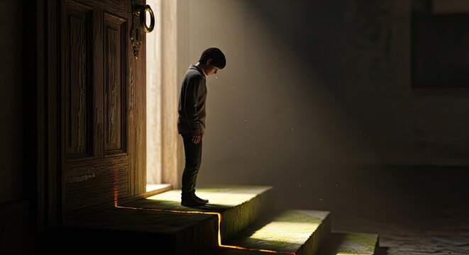 Person in doorway with light on stairs.