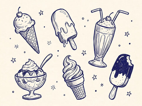Hand drawn doodle set of various ice cream treats including cones popsicles sundaes and milkshakes in sketch style