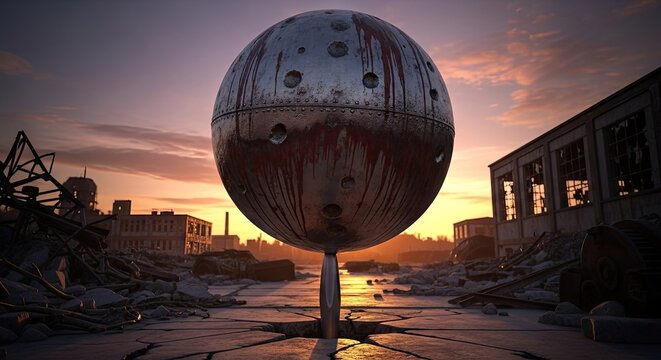 Post-apocalyptic sphere in urban ruins.