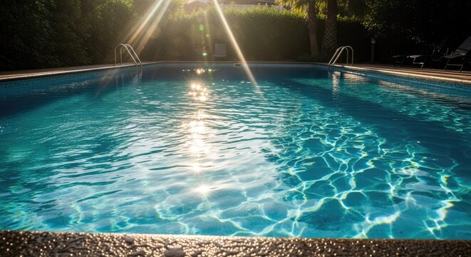 Sunlit outdoor swimming pool with blue water ripples.