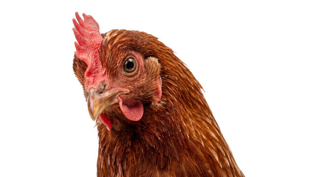 Head of a brown chicken hen with red comb detailed feathers and eye isolated on transparent background.
