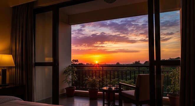 Sunset view from balcony overlooking sea.