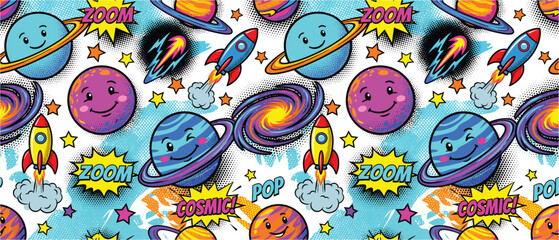 Space seamless pattern vector for kids background with planets rockets galaxies colorful © Graphix Hub