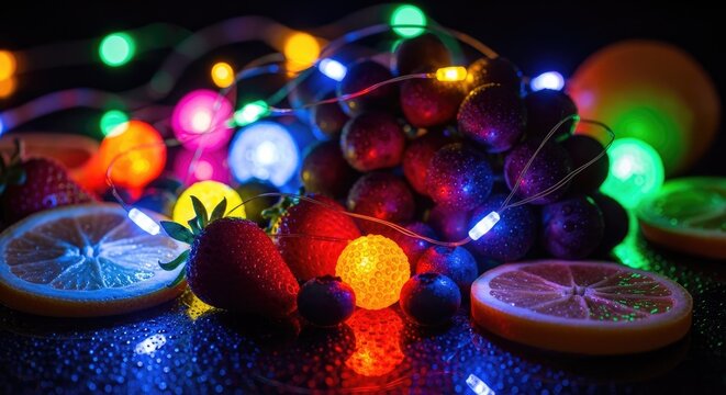 Dark grapes and citrus slices with colorful bokeh lights.