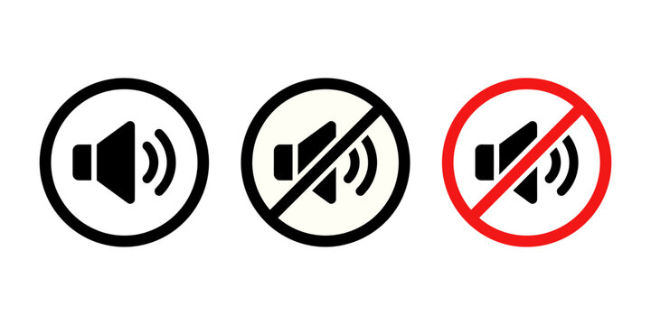 Minimalist volume control icon set featuring speaker symbols for audio settings and mute functions on digital interfaces