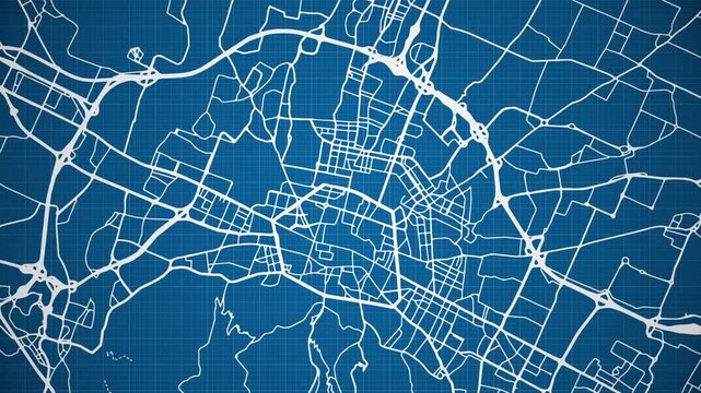 Ink reveal animation of Bologna city, Emilia-Romagna, Italy, grid map. Aerial top view. Blueprint style. White lines with blue background. 4K Seamless loop.