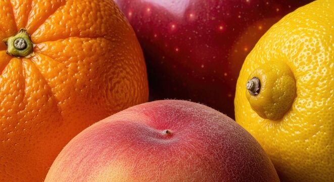 Macro arrangement of fresh orange peach and lemon fruit.