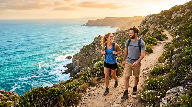 Young active couple hiking along coastal cliff path overlooking ocean