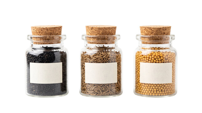 Assorted culinary spices in glass jars with cork stoppers, organic black cumin and mustard seeds in spice bottles, kitchen pantry seasoning containers isolated PNG with Transparent Background