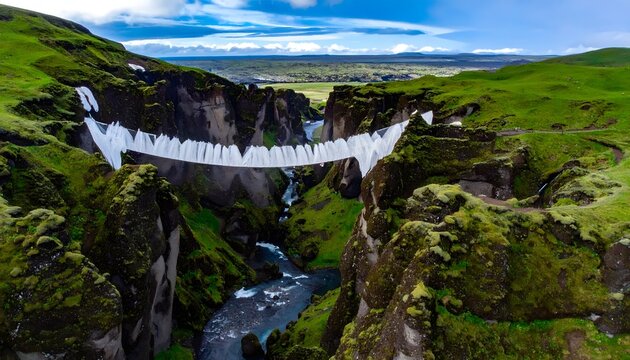 Mossy canyon walls enclose a flowing river through a lush green valley landscape.