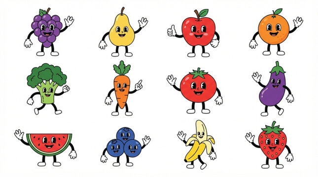 Cute retro cartoon fruit and vegetable vector character set with funny smiling faces in 1930s rubber hose animation style for kids stickers and design