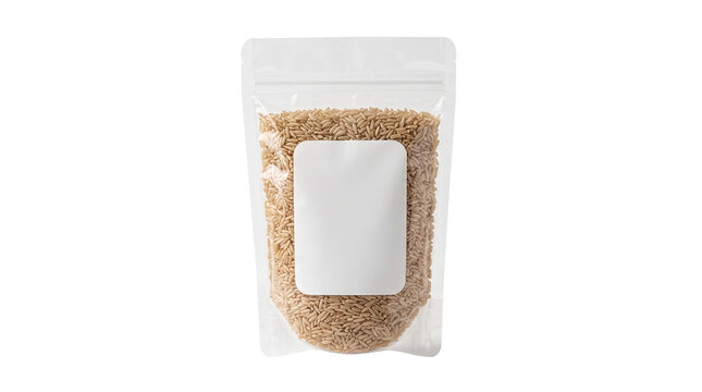 Transparent plastic pouch with blank white label, stand-up zipper bag filled with brown rice or grains, food packaging mockup for retail isolated PNG with Transparent Background