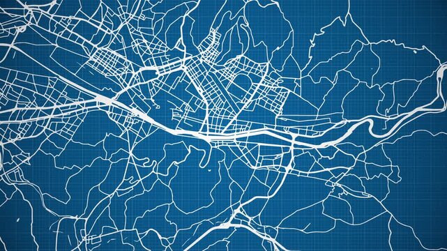 Ink reveal animation of Florence city, Tuscany, Italy, grid map. Aerial top view. Blueprint style. White lines with blue background. 4K Seamless loop.