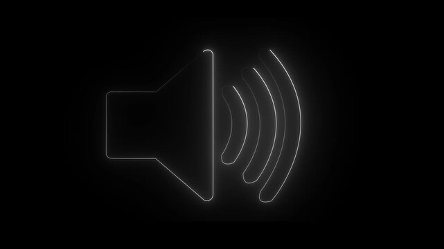 Glowing neon sound icon audio music speaker animation on a black background .Volume speaker icon, microphone, icon sound Voice speaker icon animated on black background.
