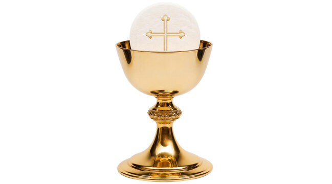 Golden chalice with communion host and cross isolated