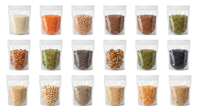Assorted legumes and grains in 18 transparent plastic pouches, collection of dry food storage bags, organic seeds and pulses in clear packaging isolated PNG with Transparent Background