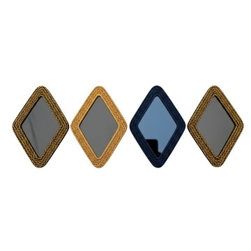 Four diamond shaped mirrors with decorative gold and blue vintage frames isolated on transparent background