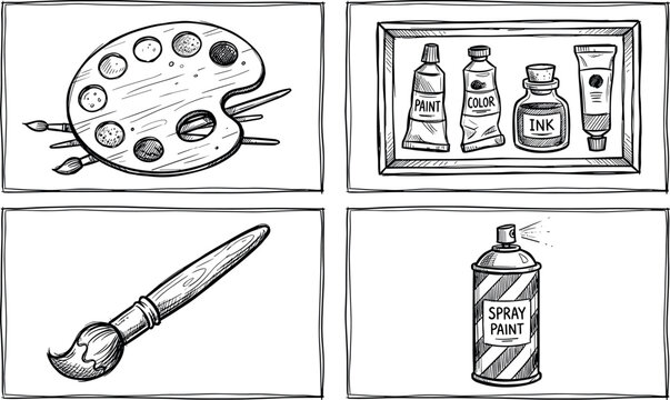 Hand drawn sketch art supplies icon set featuring painter palette paint tubes brush and spray can isolated on white background