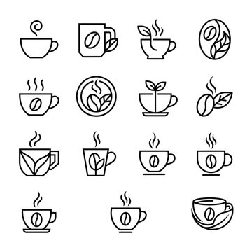Minimal coffee-themed line icon set featuring coffee cups, coffee beans, steaming mugs, organic leaves, and caf&eacute; symbols. Ideal for coffee shops, caf&eacute;s, restaurants, beverage branding, menus, packagin