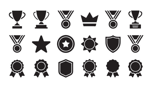 Various award icons including trophies medals crowns shields stars and badges for winning achievements.