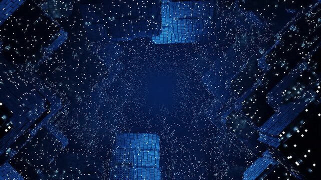 Glowing blue geometric blocks form a deep digital tunnel traveling through a dark virtual space.