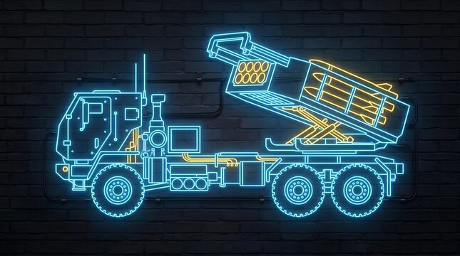 Neon rocket artillery system truck on dark brick wall with artillery, military