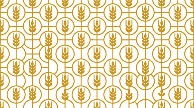 Golden geometric wheat pattern with seamless grain symbols