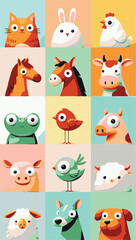 Obraz premium Cute Cartoon Animal Faces Collection – Flat Vector Illustration Set A colorful flat vector illustration featuring a collection of cute cartoon animal faces arranged in a grid layout.