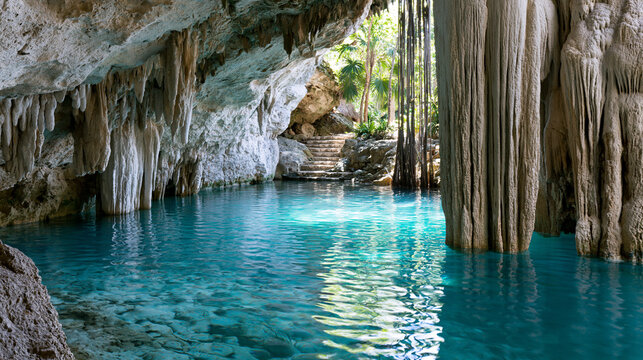 View from a cenote with crystal clear water and karst rock formations, cenote, crystal clear water, karst formation, natural well, travel destination, tourism, with copy space